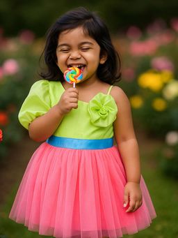 Pink Blue India - Girls Multi-Color Net One Shoulder Dress