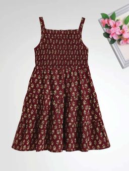 The Magic Wand - Girls Maroon Cotton Shoulder Straps Dress