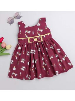 The Magic Wand - Girls Wine Cotton Round Neck Dress