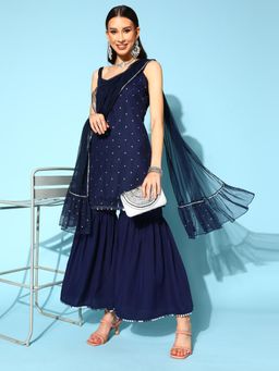 Ahalyaa - Women Navy Blue Crepe Polka Dots Kurti with Sharara & Dupatta