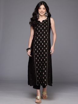 Ahalyaa - Women Black Viscose Rayon Floral Kurta with Pant