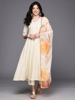 Ahalyaa - Women Off White Crepe Floral Anarkali Kurta with Pant & Dupatta