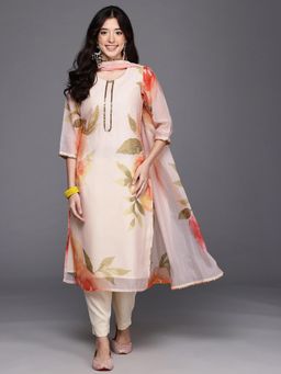 Ahalyaa - Women Off White Organza Floral Kurta with Pant & Dupatta