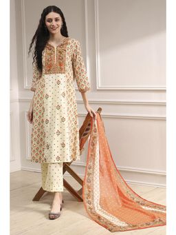 Biba - Women Beige Cotton Floral Kurta with Pant & Dupatta