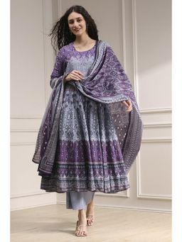 Biba - Women Purple Cotton Printed Anarkali Kurta with Pant & Dupatta