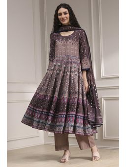 Biba - Women Brown Cotton Printed Anarkali Kurta with Pant & Dupatta