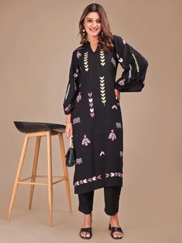 Tikhi Imli - Women Black Viscose Rayon Embroidered Kurta with Pant