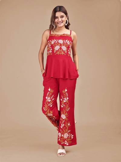 Women Red Viscose Rayon Floral Co-ord Set