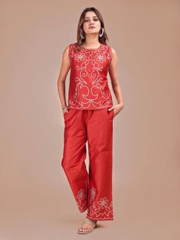 Tikhi Imli - Women Rust Cotton Blend Embroidered Co-ord Set