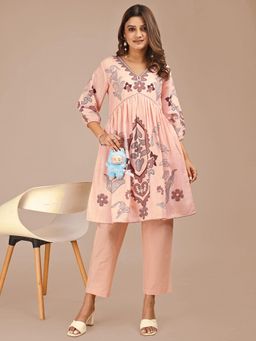 Tikhi Imli - Women Peach Cotton Blend Floral Co-ord Set