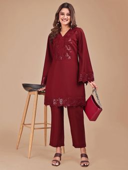 Tikhi Imli - Women Maroon Silk Blend Floral Co-ord Set