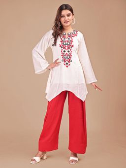 Tikhi Imli - Women White Silk Blend Floral Tunic with Farshi Salwar