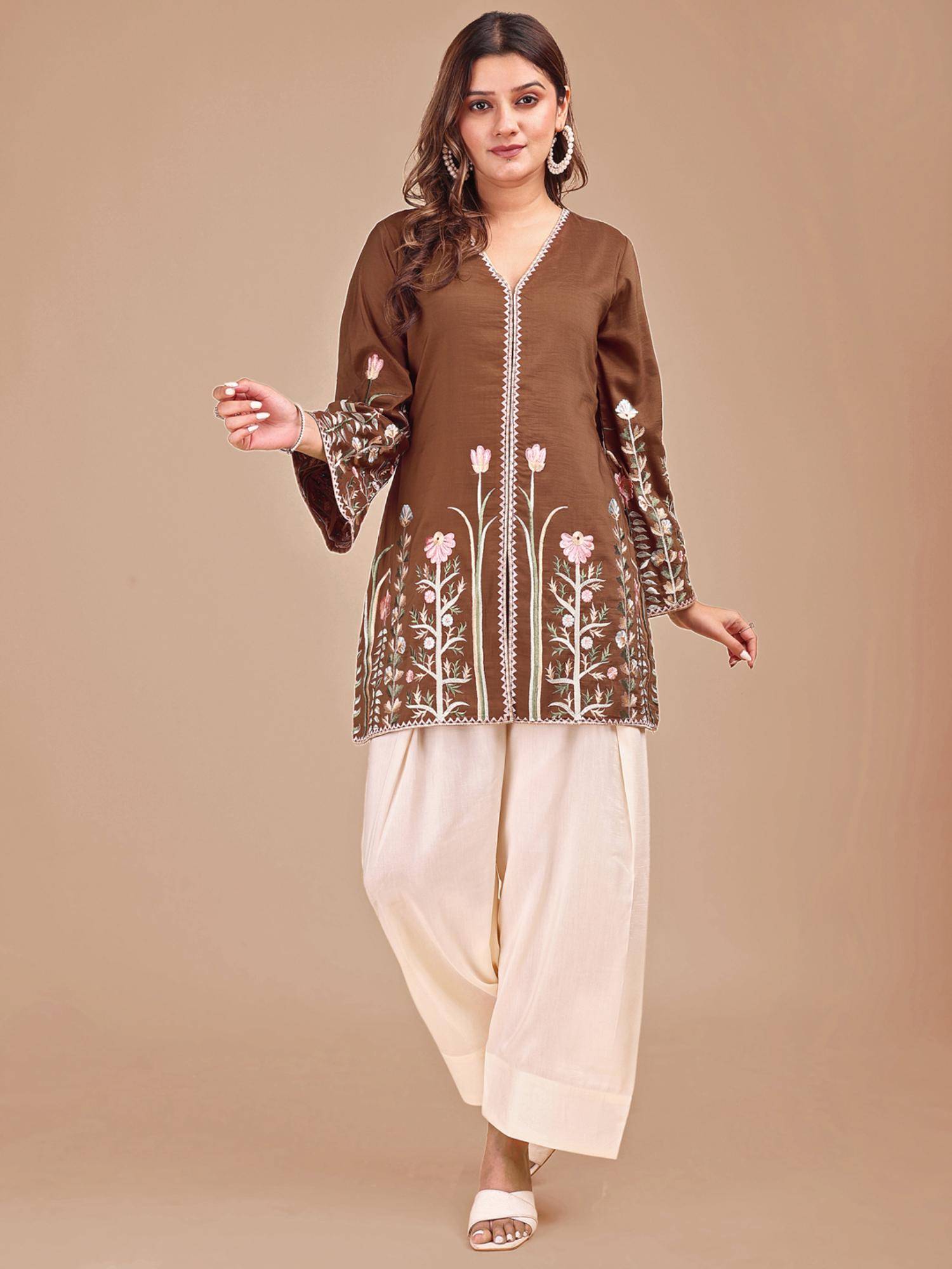 Brown Silk Blend Farshi Salwar Co-Ord Set (Set of 2)