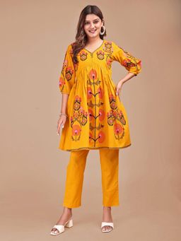 Tikhi Imli - Women Mustard Pure Cotton Embroidered Co-ord Set