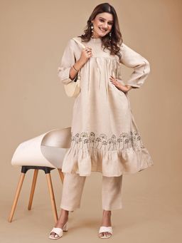 Tikhi Imli - Women Beige Linen Embroidered Co-ord Set