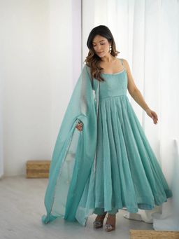 JATRIQQ - Women Blue Silk Embellished Anarkali Kurta with Pant & Dupatta