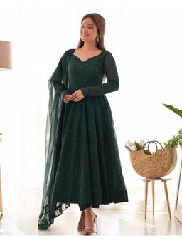 JATRIQQ - Women Green Georgette Embroidered Anarkali Kurti with Pant & Dupatta