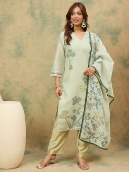 Varanga - Women Green Chanderi Silk Floral Kurta with Pant & Dupatta