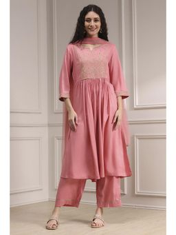 Biba - Women Peach Viscose Rayon Embroidered Anarkali Kurta with Pant & Dupatta