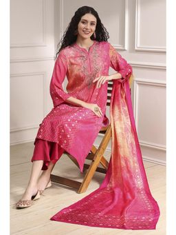 Biba - Women Pink Modal Printed Kurta with Pant & Dupatta