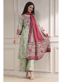 Biba - Women Green Cotton Floral Kurta with Pant & Dupatta