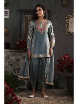 Biba - Women Grey Viscose Printed Kurti with Dhoti & Dupatta