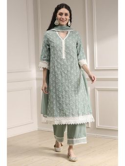 Biba - Women Green Chanderi Embroidered Kurta with Palazzo & Dupatta