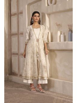 Biba - Women Off White Chanderi Embroidered Jacket with Crop Top & Palazzo