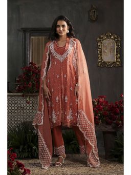 Biba - Women Rust Viscose Embroidered Kurta with Pant & Dupatta