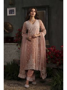 Biba - Women Nude Viscose Embroidered Kurta with Palazzo & Dupatta