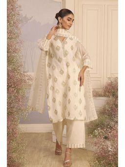 Biba - Women Off White Chanderi Embroidered Kurta with Pant & Dupatta