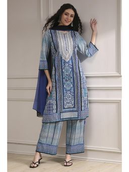Biba - Women Blue Cotton Printed Kurta with Palazzo & Dupatta