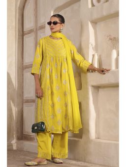 Biba - Women Yellow Chanderi Printed Kurta with Palazzo & Dupatta