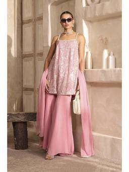 Biba - Women Pink Poly Georgette Floral Kurti with Palazzo & Dupatta