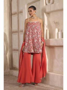 Biba - Women Orange Poly Georgette Floral Kurti with Palazzo & Dupatta