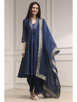 Biba - Women Blue Chanderi Embroidered Anarkali Kurta with Palazzo & Dupatta
