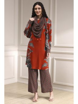 Biba - Women Orange Viscose Printed Kurta with Palazzo & Scarf