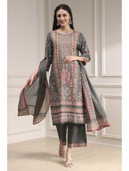 Biba - Women Grey Cotton Floral Kurta with Palazzo & Dupatta