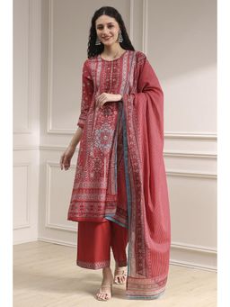 Biba - Women Red Cotton Floral Kurta with Palazzo & Dupatta