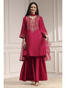 Biba - Women Red Viscose Rayon Floral Kurta with Sharara & Dupatta