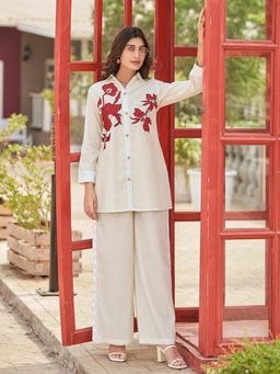 Varanga - Women White Cotton Floral Co-ord Set