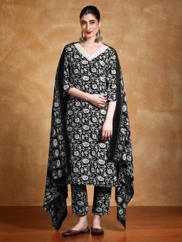 Varanga - Women Black Cotton Blend Floral Kurta with Pant & Dupatta