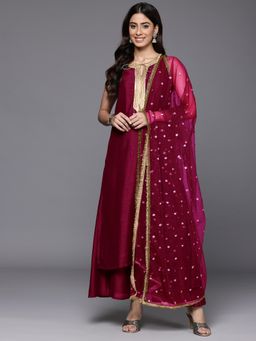 Varanga - Women Pink Silk Blend Solid Kurta with Palazzo & Dupatta
