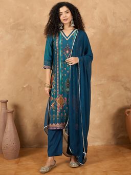Varanga - Women Teal Art Silk Printed Kurta with Pant & Dupatta