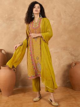 Varanga - Women Mustard Chanderi Printed Kurta with Pant & Dupatta