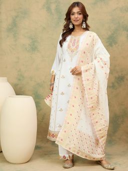 Varanga - Women White Silk Blend Woven Kurta with Pant & Dupatta