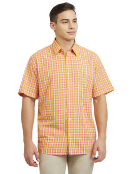 ColorPlus - Orange Viscose Blend Half Sleeves Viscose Blend Regular Fit Checks Shirt