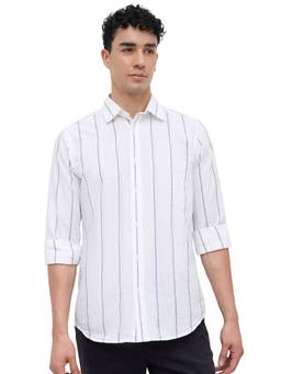 ColorPlus - White Pure Cotton Full Sleeves Pure Cotton Regular Fit Stripes Shirt