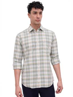 ColorPlus - Off White Pure Cotton Full Sleeves Pure Cotton Regular Fit Checks Shirt