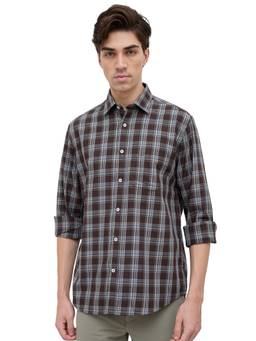 ColorPlus - Brown Pure Cotton Full Sleeves Pure Cotton Regular Fit Checks Shirt